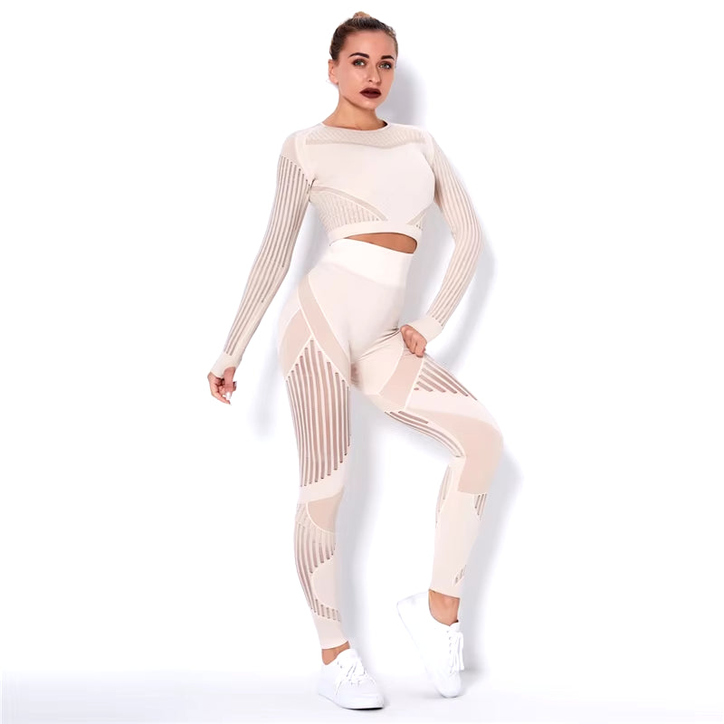Hollow Out Seamless Yoga Set Sport Outfits Women Black Two 2-Piece Crop Top Bra Leggings Workout Gym Suit Fitness Sport Sets
