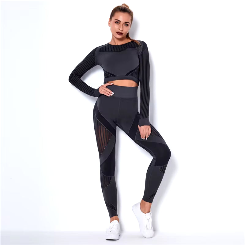 Hollow Out Seamless Yoga Set Sport Outfits Women Black Two 2-Piece Crop Top Bra Leggings Workout Gym Suit Fitness Sport Sets