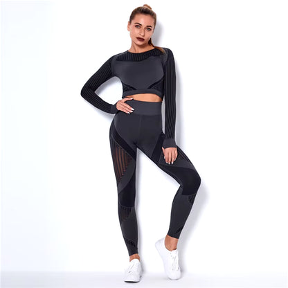 Hollow Out Seamless Yoga Set Sport Outfits Women Black Two 2-Piece Crop Top Bra Leggings Workout Gym Suit Fitness Sport Sets