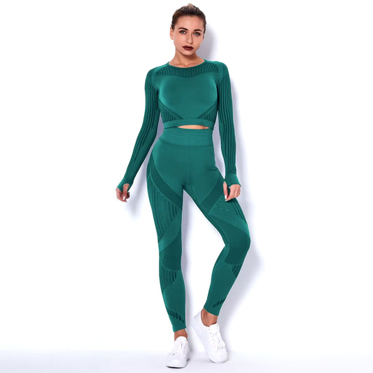 Hollow Out Seamless Yoga Set Sport Outfits Women Black Two 2-Piece Crop Top Bra Leggings Workout Gym Suit Fitness Sport Sets