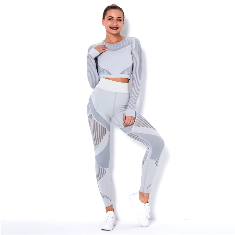 Hollow Out Seamless Yoga Set Sport Outfits Women Black Two 2-Piece Crop Top Bra Leggings Workout Gym Suit Fitness Sport Sets