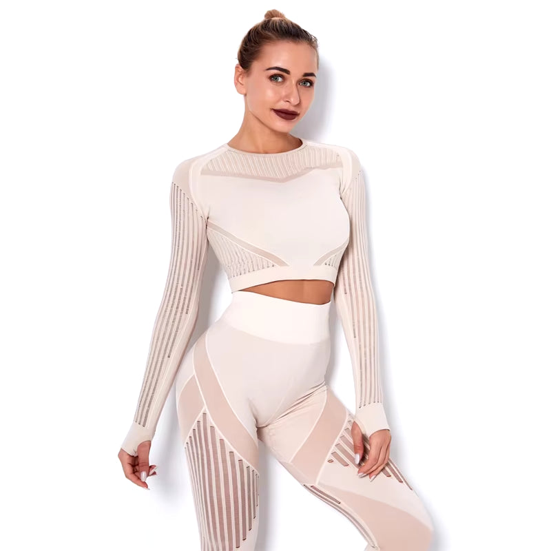 Hollow Out Seamless Yoga Set Sport Outfits Women Black Two 2-Piece Crop Top Bra Leggings Workout Gym Suit Fitness Sport Sets