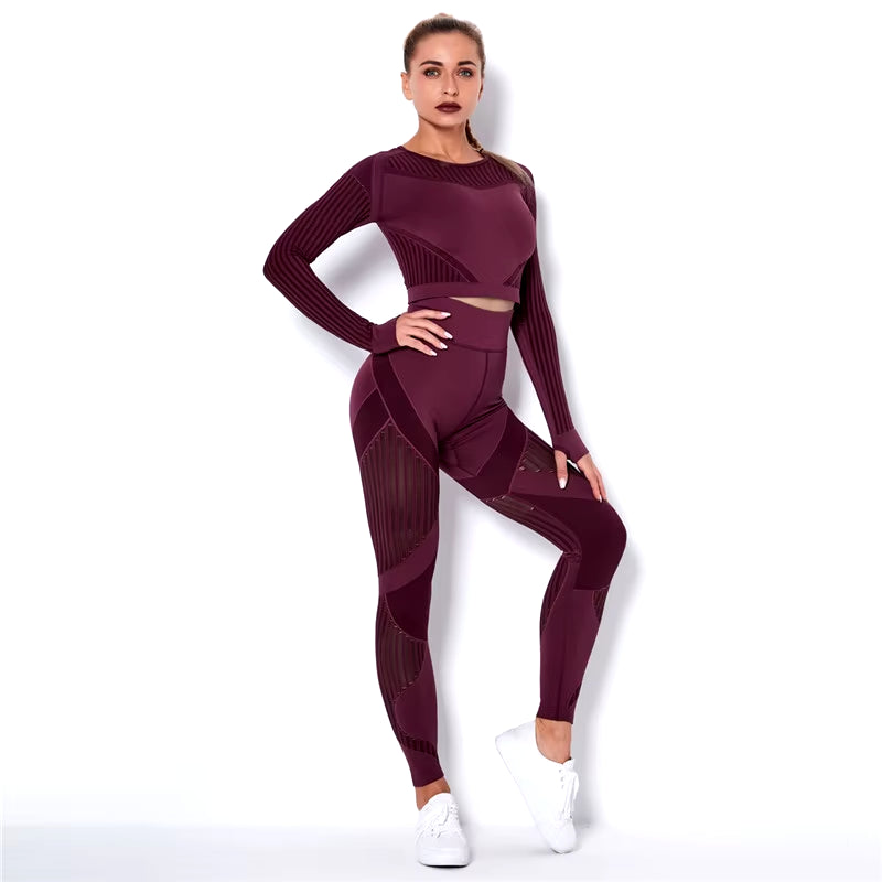 Hollow Out Seamless Yoga Set Sport Outfits Women Black Two 2-Piece Crop Top Bra Leggings Workout Gym Suit Fitness Sport Sets