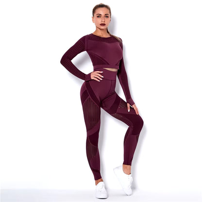 Hollow Out Seamless Yoga Set Sport Outfits Women Black Two 2-Piece Crop Top Bra Leggings Workout Gym Suit Fitness Sport Sets
